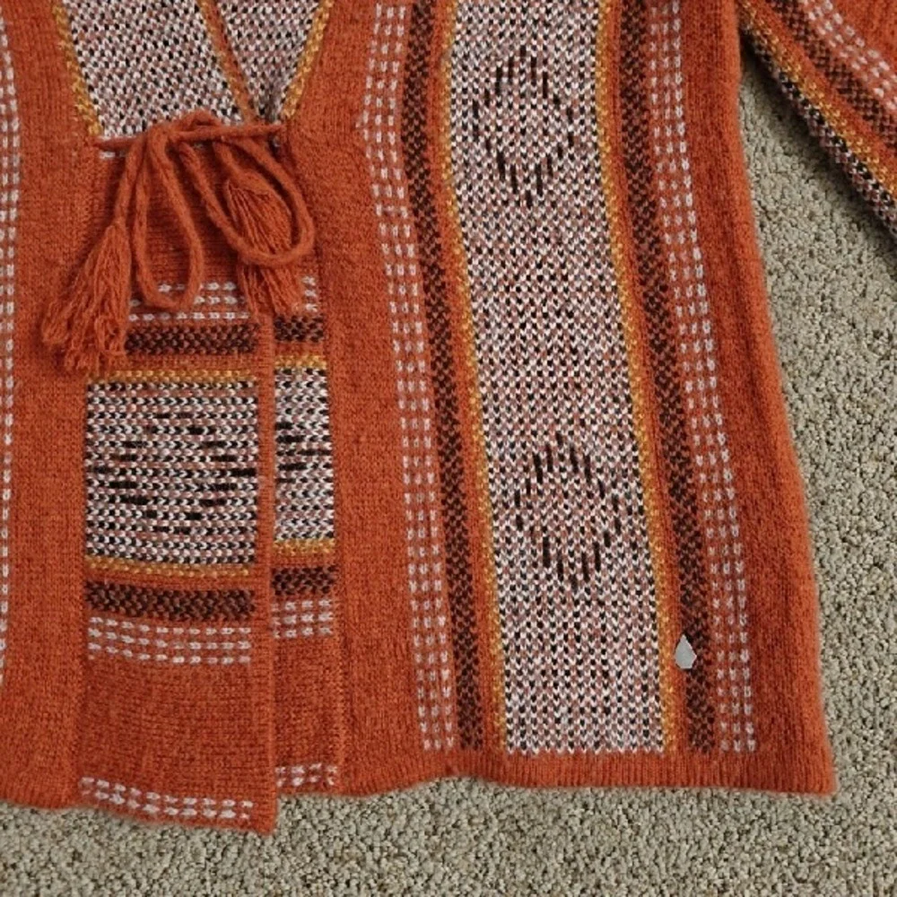 STONE ROW Womens Orange Geometric Pattern Kimono‎ Cardigan Tassel Tie Size S